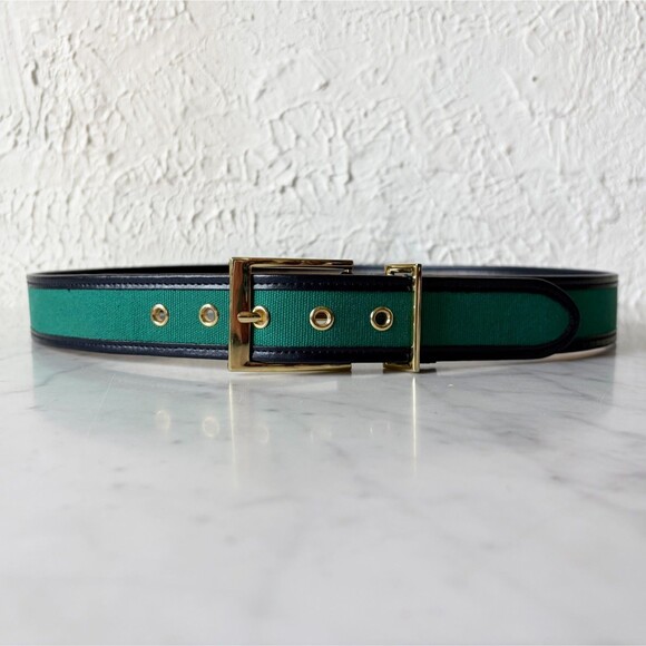 Talbots Belt Green Canvas Navy Leather Trim Gold Tone Buckle Women\'s L Preppy main image 7
